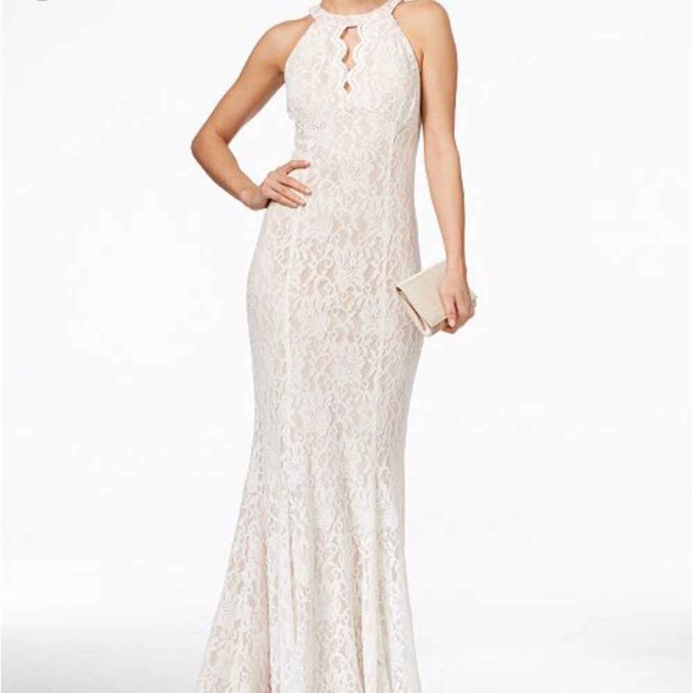 Nightway Lace Keyhole Halter Gown White